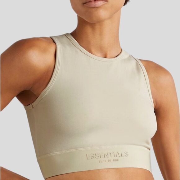 Fear of God Tops - Fear of God Essentials Logo Sport Stretch Cotton Crop Tank in Eggshell Women's M